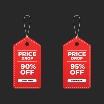 Price drop sale red tag with discount 90 percent and 95 percent vector