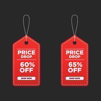 Price drop sale red tag with discount 60 percent and 65 percent vector