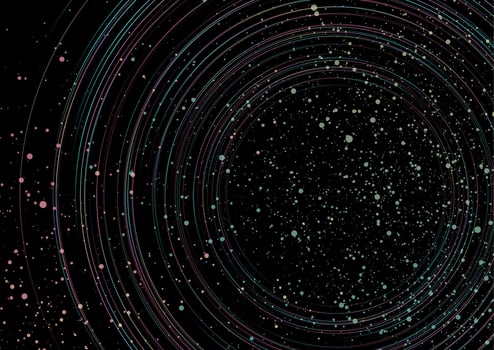 Holographic dots and linear circles abstract tech background vector