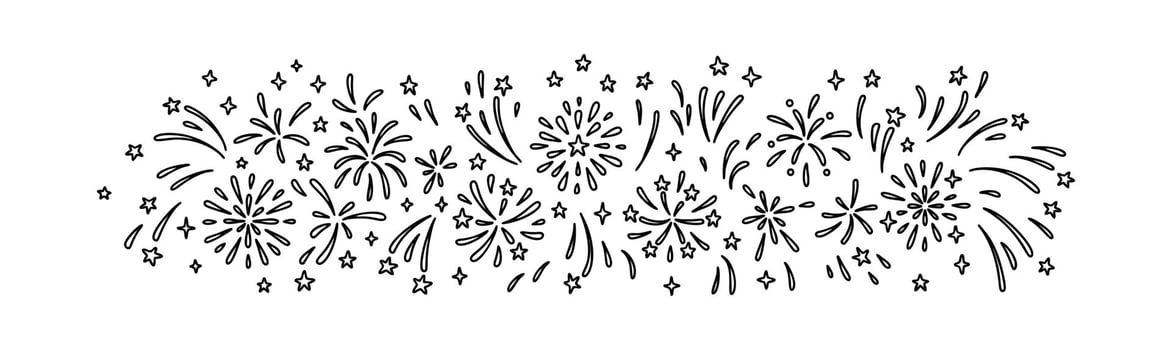 Doodle firework background. Happy New Year eve and Merry Christmas festive hand drawn pattern. Firecracker rocket explosion in the sky. Glitter, star, sparks, twinkle, confetti party border vector