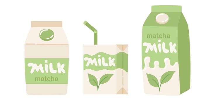 Matcha milk in different packages. Alternative non-dairy vegetarian drink. Healthy organic lactose free. Flat illustration isolated on white background vector