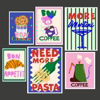 Abstract bright posters in cute retro style. Decor of wallpaper, walls and postcards. Vintage home decor food posters set. Pasta, Martini, coffee and croissant. Modern text vector