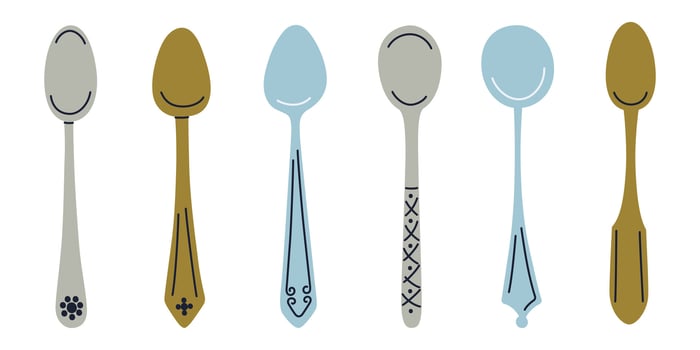 Set of retro style ornate teaspoons in blue, gray, and bronze metals with decorative patterns. Vintage cutlery collection for tea, coffee, cooking. illustration in flat cartoon style vector
