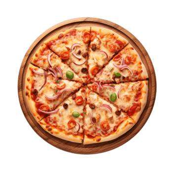 Pizza on wooden cutting board. Realistic cutout element isolated on transparent background. . png