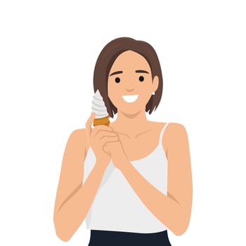 Woman eats ice cream to cool off in hot summer weather. vector