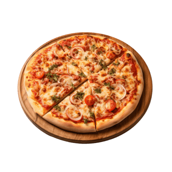 Pizza on wooden cutting board. Realistic cutout element isolated on transparent background. . png