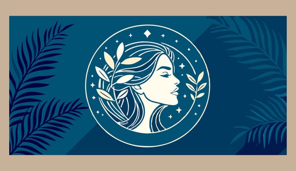 Mystical and natural atmosphere with an elegant female profile framed by leaves and stars, ideal for beauty, wellness, or spiritual brands vector