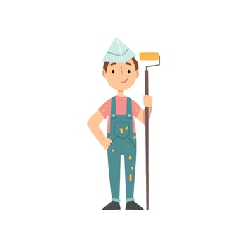 Boy Painter Character in Uniform With Roller, Kid Dreaming of Future Profession Illustration vector