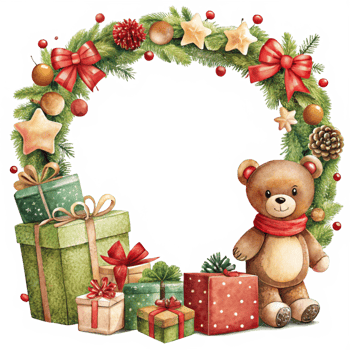Cute Teddy Bear Sitting in a Christmas Wreath Frame png