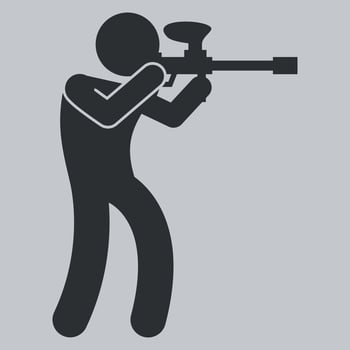 black and white icon of paintball player with paintball gun on white background vector