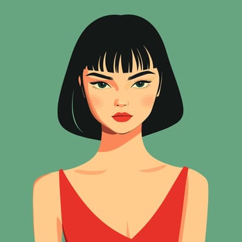 Stylish Girl Portrait in Red Dress, Green Background vector