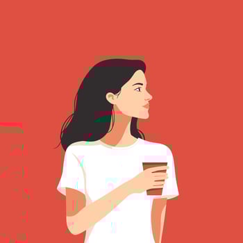 Side Profile of a Woman with Coffee in Hand Against a Red Background vector