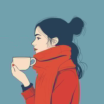 Girl with Bun, Red Scarf, and a Mug of Coffee in Profile vector