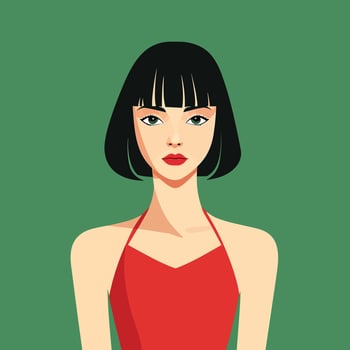 Stylish Woman with Bob Haircut and Red Dress, Green Background vector