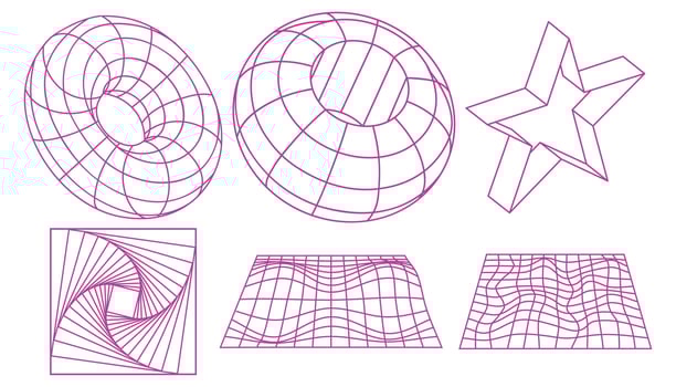 Geometric wireframe shapes and grids collection. Retro abstract neon elements in cyberpunk style. vector