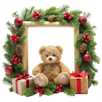 Holiday Frame with Teddy Bear and Snowflakes png