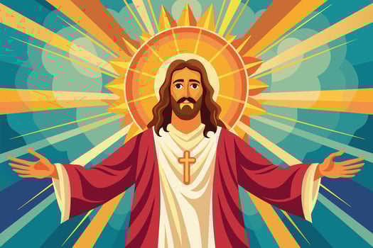 jesus with arms outstretched and sun shining behind him, Jesus with a radiant aura vector