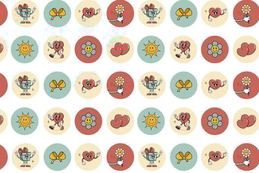 Pattern groovy hippie love round sticker set. Retro happy valentine's day. Comic happy heart character in trendy retro 60s 70s cartoon style. Retro characters and elements. vector