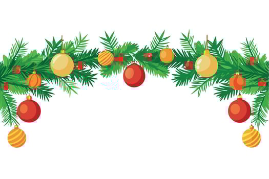 Christmas pine border with colorful ornaments for festive decor vector