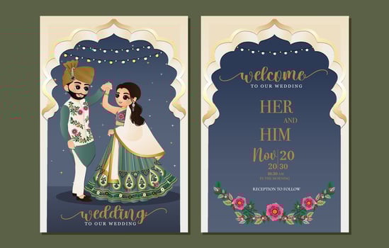 Hindu couple in traditional indian dress cartoon character.Romantic wedding invitation card vector
