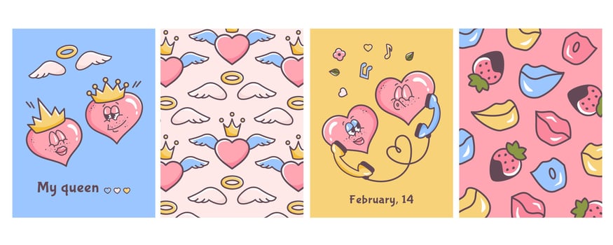 Valentine's day card. Groovy hippie love. Set of Retro valentine posters. Couple of cute hearts, romantic background. Comic characters in trendy 60s 70s cartoon style. illustration vector