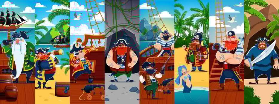 Cartoon pirate sailors, corsair characters collage vector