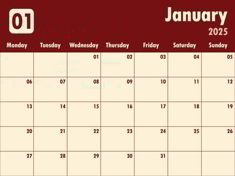 January 2025 calendar. A simple monthly planner to organize your month vector