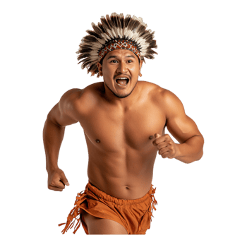 Male Indigenous Dancer Sprinting in Traditional Attire with Feathered Headdress png
