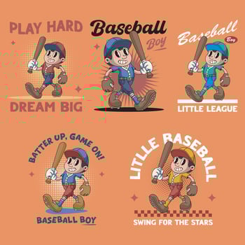 Collection of Cute Boy Baseball Bat Player Sport Retro Mascot Character Cartoon Design Illustration Set vector