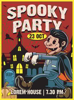 Vintage groovy Halloween Party Poster with pumpkins, bat, ghost, vampire, castle, graveyard and skull retro cartoon illustration vector