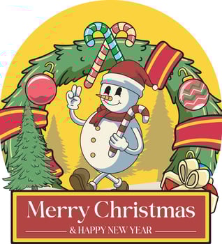 Merry Christmas and Happy New Year Sticker Cute Cheerful Snowman Walking with Candy Cane Wreath in Trendy Groovy Retro Cartoon Style Illustration vector