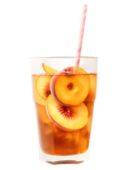 Peach Iced Tea with peach slices and ice cubes, vibrant orange and amber hues, isolated png