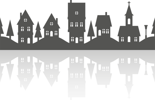 Silhouette of neighborhood houses. Small homes and buildings on skyline. Christmas town and village. Row of cottages on the street with fir trees and church. Seamless border. png
