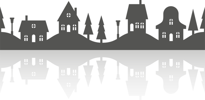 Silhouette of neighborhood houses. Small homes and buildings on skyline. Christmas town and village. Row of cottages on the street with fir trees and church. Seamless border png