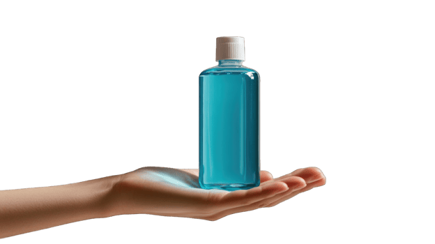 Hand holding a bottle of blue liquid on isolated transparent background cutout png