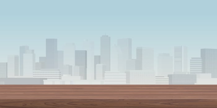 wooden counter mocha mousse tone have blank space for place the products presentation or advertisement with cityscape and blue sky background graphic illustration. vector