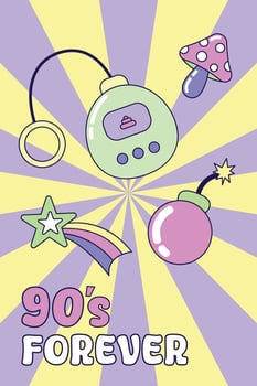 Vintage Poster 90s forever. Multicolored elements on a striped background. Retro illustration with outline in 90s style. illustration. vector