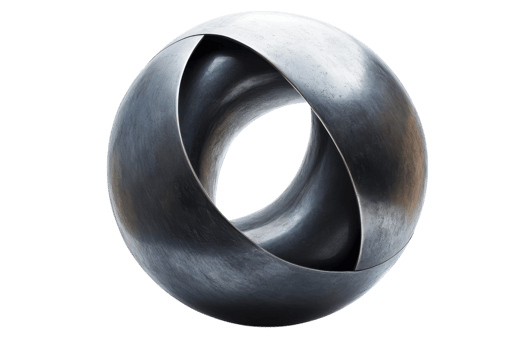 Sculpture of a metallic abstract form with intersecting curves creating a mesmerizing visual illusion png