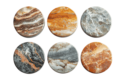Unique collection of decorative marble coasters in various colors and textures displayed on a white background png