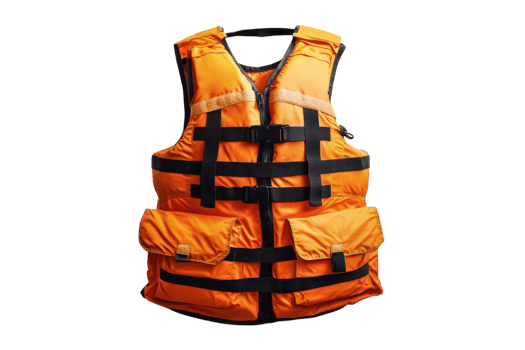 Bright orange life vest suitable for water activities and safety during outdoor adventures png