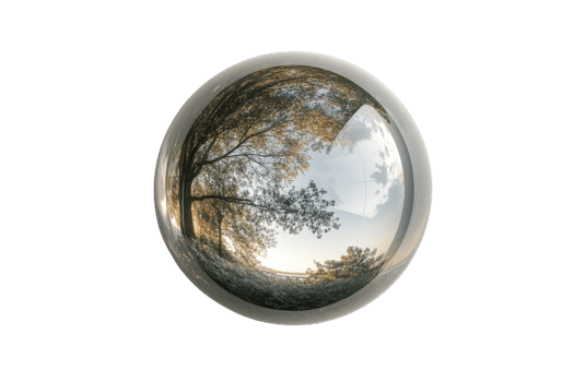 Reflective sphere captures serene landscape with trees and soft clouds in early evening light png
