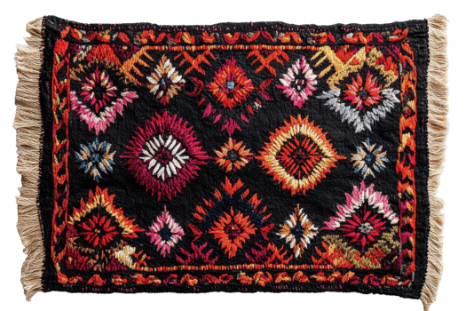 Colorful embroidered rug showcasing traditional patterns and vibrant designs from a local artisan market png