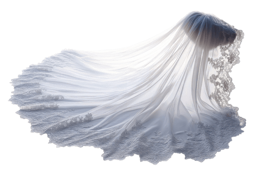 Elegant bridal veil with intricate lace detailing and flowing fabric in soft light against a white backdrop png