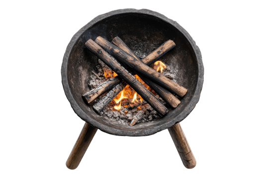 Fire burning in a round stone fire pit with wooden logs in a cozy outdoor setting during evening png