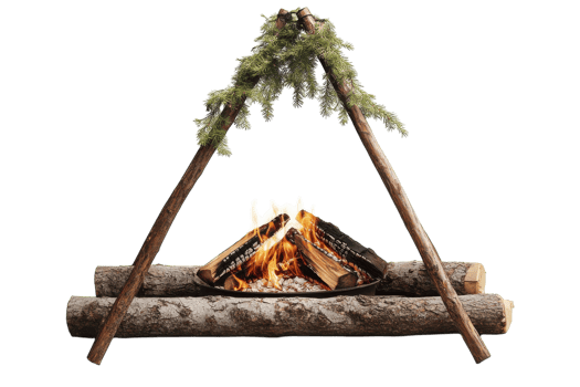 Cozy campfire setup with natural wood and greenery in a rustic outdoor setting png