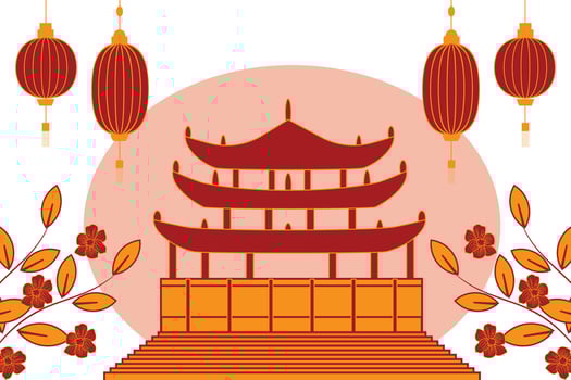 Elegant Chinese New Year design featuring a palace, gold and red flowers, and festive lanterns vector
