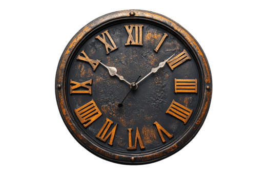 Vintage wall clock showcasing Roman numerals and a rustic design in a neutral setting png