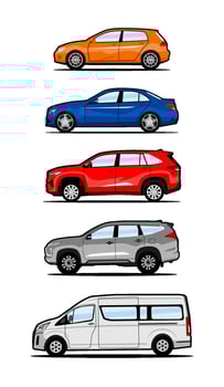set of car sedan mpv suv van side view vector