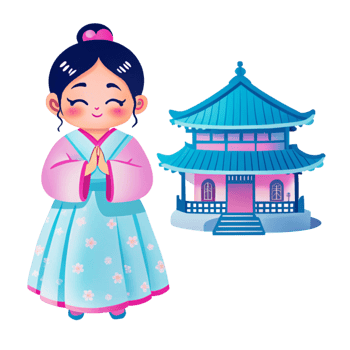 A cartoon girl in a traditional korean dress and a pagoda png