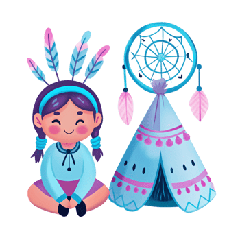 A cartoon girl with a feather headdress and a teepee png